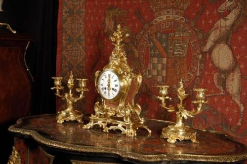 fig 2. Antique French Rococo Boudoir Table Clock Set ~ Japy Freres Circa 1880.